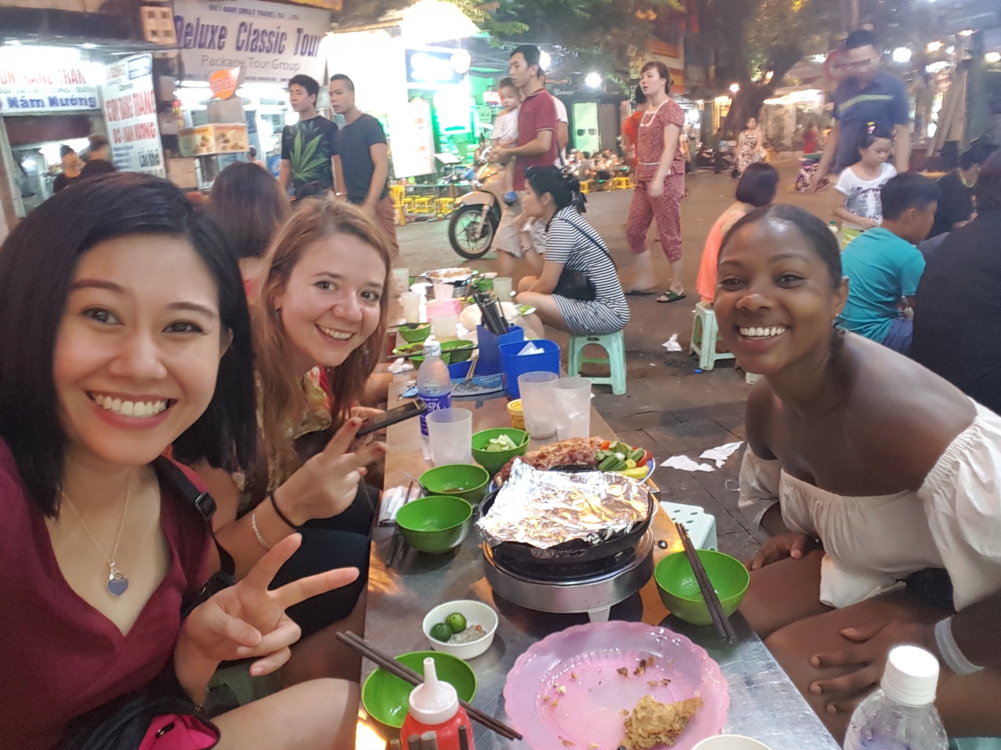 Nina at dinner with Cheryl from Singapore and Jackie from South Africa